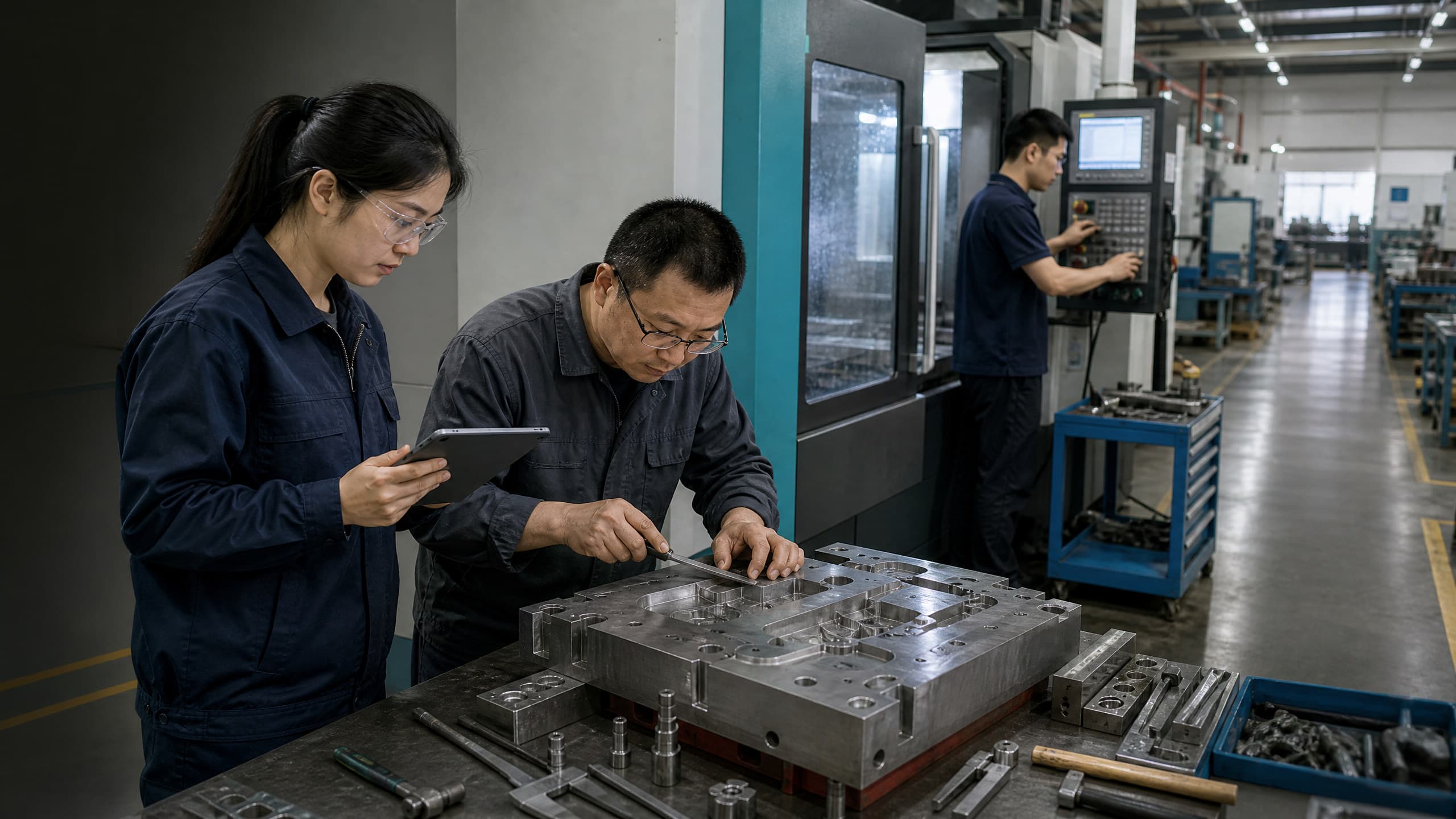 Moldmaking specialists working beside precision steel tooling