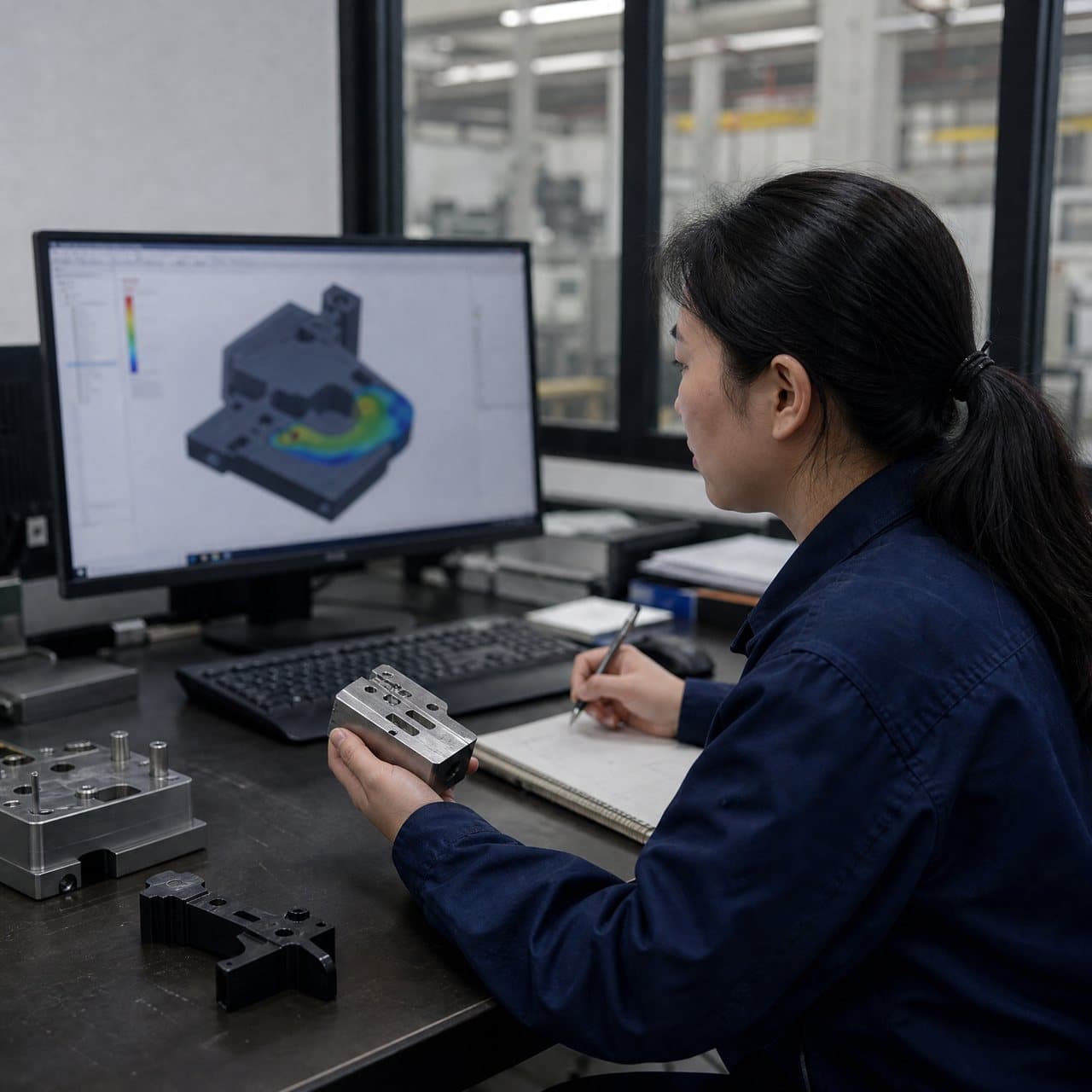 Mold design engineer reviewing a flow-analysis model and steel tooling insert