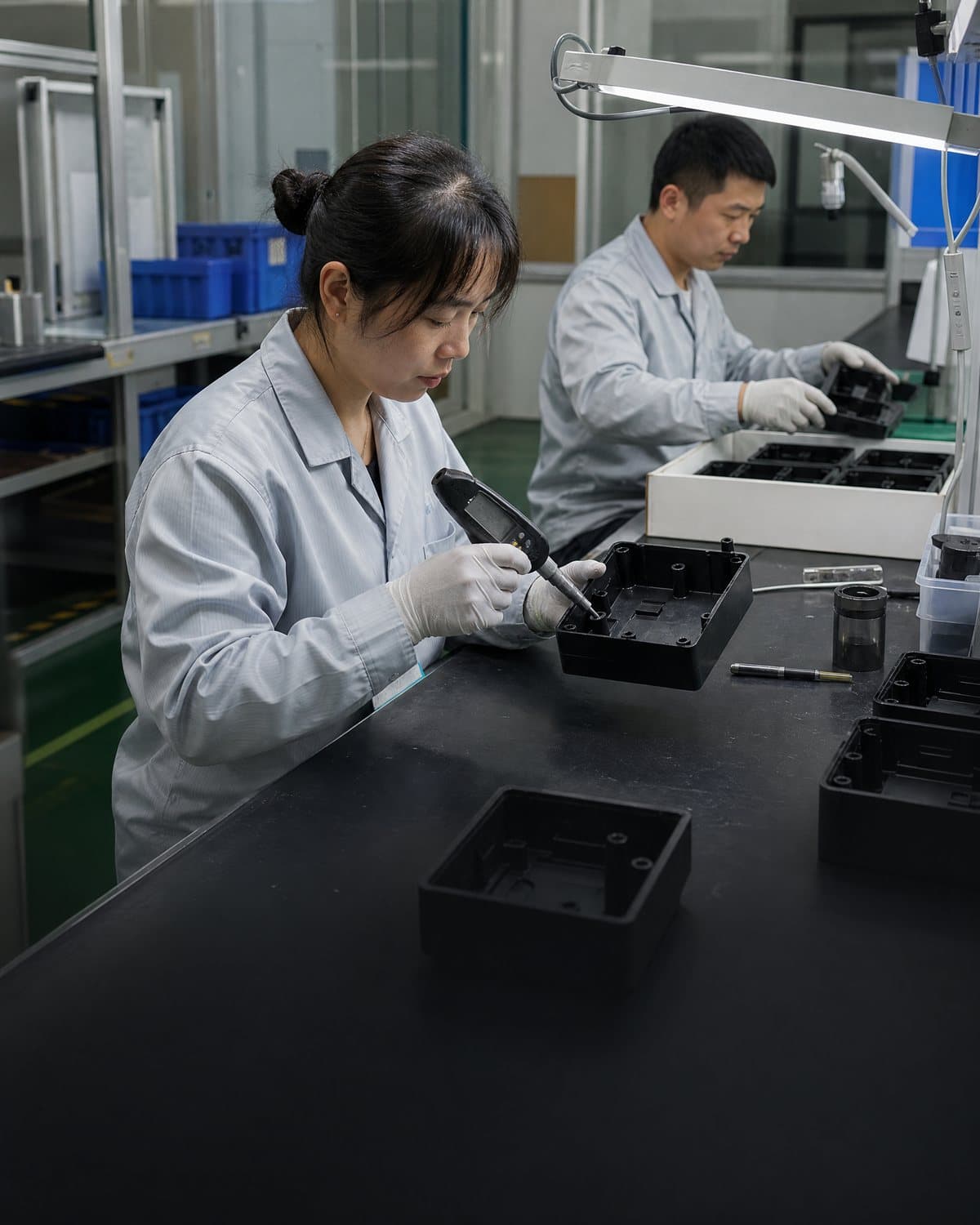 Technicians checking and packing injection molded components at a finishing bench