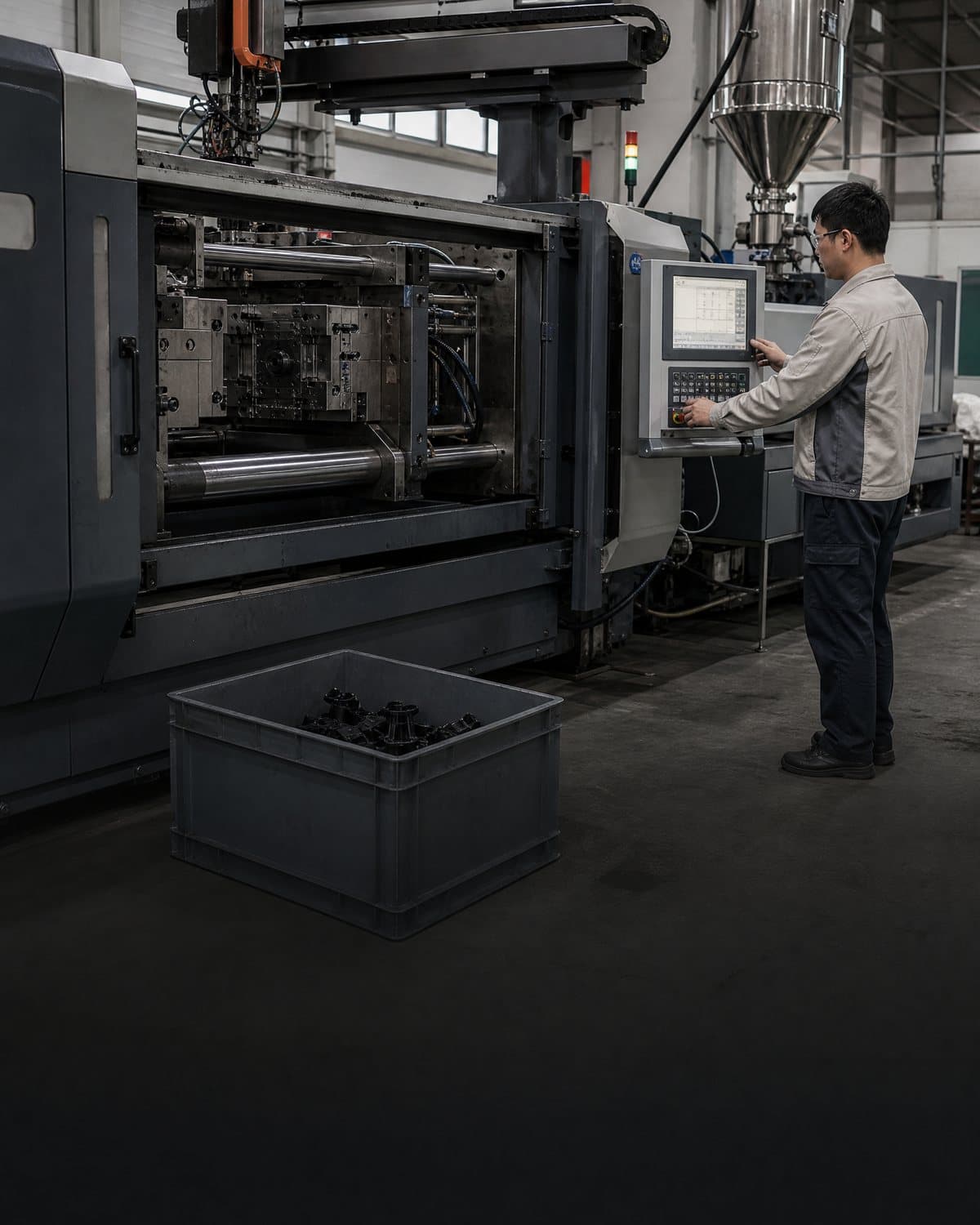 Automated injection molding cell with a technician monitoring the production process